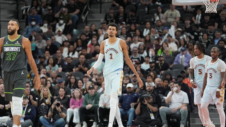 Dec 15, 2024; San Antonio, Texas, USA;  San Antonio Spurs center Victor Wembanyama (1) walks up the court in the second half against the Minnesota Timberwolves at Frost Bank Center. Mandatory Credit: Daniel Dunn-Imagn Images