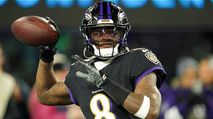 Dec 21, 2025; Baltimore, Maryland, USA; Baltimore Ravens quarterback Lamar Jackson (8) warms up prior to the game against the New England Patriots at M&T Bank Stadium. Dec 21, 2025; Baltimore, Maryland, USA; Baltimore Ravens quarterback Lamar Jackson (8) warms up prior to the game against the New England Patriots at M&T Bank Stadium.