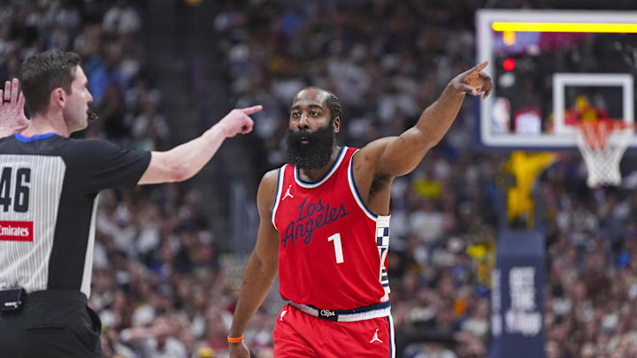 May 3, 2025; Denver, Colorado, USA; LA Clippers guard James Harden (1) in the first quarter against the Denver Nuggets during game seven of first round for the 2025 NBA Playoffs at Ball Arena. Mandatory Credit: Ron Chenoy-Imagn Images