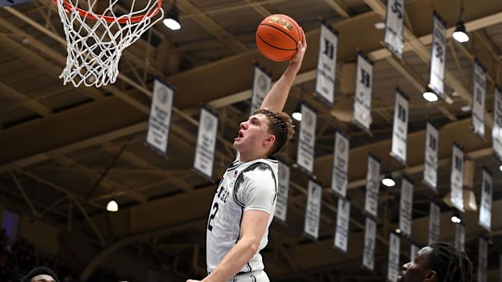 Jan 11, 2025; Durham, North Carolina, USA; Duke Blue Devils forward Cooper Flagg (2) dunks during the second half against the Notre Dame Fighting Irish
at Cameron Indoor Stadium. Mandatory Credit: Rob Kinnan-Imagn Images