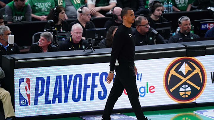 May 5, 2025; Boston, Massachusetts, USA; Boston Celtics head coach Joe Mazzulla watches from the sideline as they take on the New York Knicks during game one of the second round for the 2025 NBA Playoffs at TD Garden. Mandatory Credit: David Butler II-Imagn Images