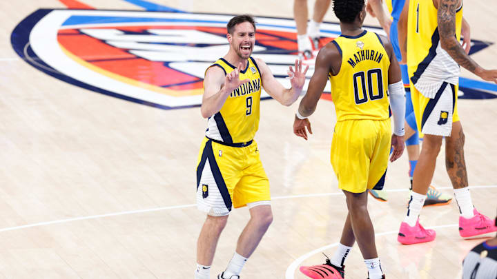 Jun 22, 2025; Oklahoma City, Oklahoma, USA; Indiana Pacers guard T.J. McConnell (9) reacts during the first half of game seven of the 2025 NBA Finals against the Oklahoma City Thunder at Paycom Center. Mandatory Credit: Alonzo Adams-Imagn Images