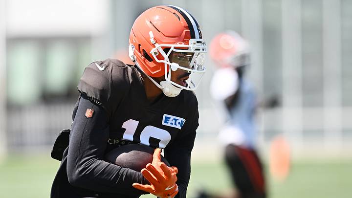 Aug 4, 2026; Berea, OH, USA; Cleveland Browns wide receiver Denzel Boston (12) runs with the ball after a catch during training camp at CrossCountry Mortgage Campus. Mandatory Credit: Ken Blaze-Imagn Images Aug 4, 2026; Berea, OH, USA; Cleveland Browns wide receiver Denzel Boston (12) runs with the ball after a catch during training camp at CrossCountry Mortgage Campus. Mandatory Credit: Ken Blaze-Imagn Images