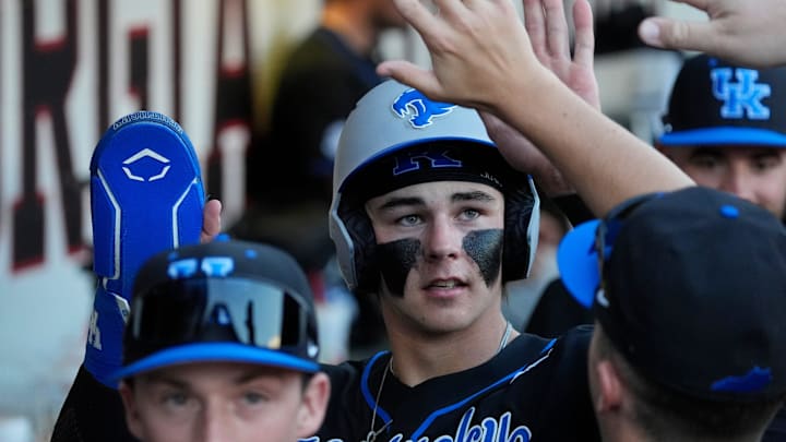 KentuckyÕs Tyler Bell (6) celebrates after scoring a run during a NCAA baseball game against Georgia on March 14, 2025.