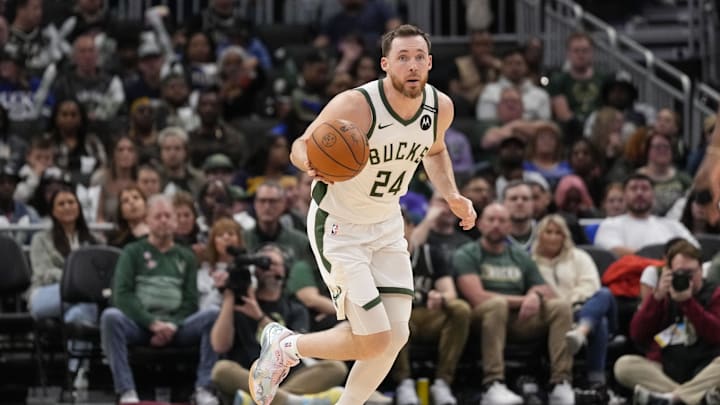 Mar 30, 2025; Milwaukee, Wisconsin, USA;  Milwaukee Bucks guard Pat Connaughton (24) during the game against the Atlanta Hawks at Fiserv Forum. Mandatory Credit: Jeff Hanisch-Imagn Images