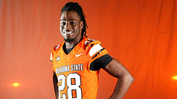 Oklahoma State safety Zaquan Patterson poses for a photograph during the Oklahoma State Cowboys football media days in Gallagher-Iba Arena in Stillwater, Oklahoma, Saturday, Aug., 2, 2025. Oklahoma State safety Zaquan Patterson poses for a photograph during the Oklahoma State Cowboys football media days in Gallagher-Iba Arena in Stillwater, Oklahoma, Saturday, Aug., 2, 2025.