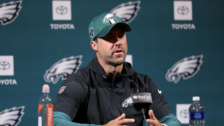 Philadelphia Eagles offensive coordinator Kevin Patullo speaks with the media at NovaCare Complex. 
