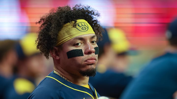 Aug 5, 2025; Atlanta, Georgia, USA; Milwaukee Brewers designated hitter William Contreras (24) in the dugout against the Atlanta Braves in the seventh inning at Truist Park. Mandatory Credit: Brett Davis-Imagn Images
