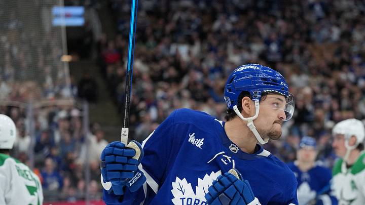 Apr 13, 2026; Toronto, Ontario, CAN; Toronto Maple Leafs left wing Nicholas Robertson (89) celebrates scoring a goal against the Dallas Stars during the third period at Scotiabank Arena. Mandatory Credit: Nick Turchiaro-Imagn Images Apr 13, 2026; Toronto, Ontario, CAN; Toronto Maple Leafs left wing Nicholas Robertson (89) celebrates scoring a goal against the Dallas Stars during the third period at Scotiabank Arena. Mandatory Credit: Nick Turchiaro-Imagn Images