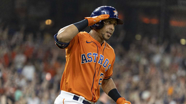 Houston Astros designated hitter Michael Brantley (23) reacts