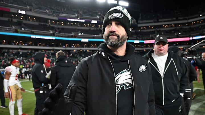 Jan 11, 2026; Philadelphia, PA, USA; Philadelphia Eagles head coach Nick Sirianni looks on after an NFC Wild Card Round game against the San Francisco 49ers at Lincoln Financial Field. Mandatory Credit: Eric Hartline-Imagn Images