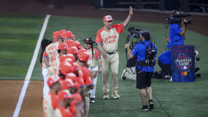 Jul 16, 2024; Arlington, Texas, USA; Bruce Bochy, manager of the America League, before during the 2024 MLB All-Star game at Globe Life Field. Mandatory Credit: Tim Heitman-USA TODAY Sports