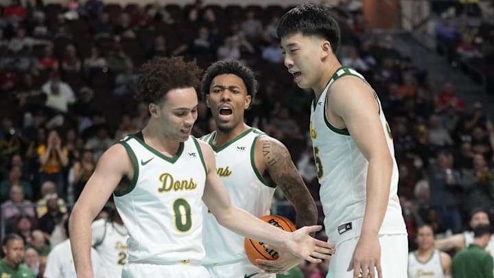 March 9, 2025; Las Vegas, NV, USA; San Francisco Dons guard Ryan Beasley (0) celebrates against the Washington State Cougars during the second half in the quarterfinal of the West Coast Conference tournament at Orleans Arena. Mandatory Credit: Kyle Terada-Imagn Images March 9, 2025; Las Vegas, NV, USA; San Francisco Dons guard Ryan Beasley (0) celebrates against the Washington State Cougars during the second half in the quarterfinal of the West Coast Conference tournament at Orleans Arena. Mandatory Credit: Kyle Terada-Imagn Images