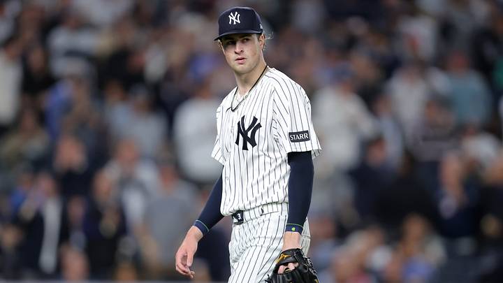 Sep 29, 2026; Bronx, New York, USA; New York Yankees starting pitcher Cam Schlittler (31) reacts after the top of the third inning of game one of the Wildcard round of the 2026 MLB Playoffs against the Boston Red Sox at Yankee Stadium. Mandatory Credit: Brad Penner-Imagn Images