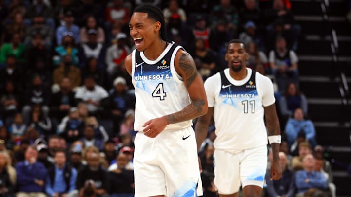 Jan 20, 2025; Memphis, Tennessee, USA; Minnesota Timberwolves guard Rob Dillingham (4) reacts during the fourth quarter against the Memphis Grizzlies at FedExForum.
