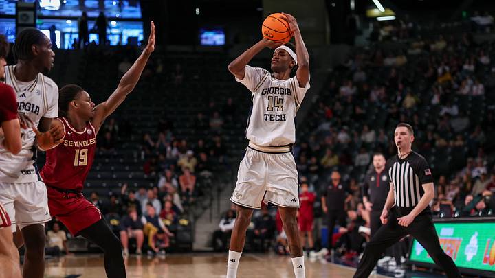 Feb 28, 2026; Atlanta, Georgia, USA; Georgia Tech Yellow Jackets forward Kowacie Reeves Jr. (14) shoots against the Florida State Seminoles in the second half at McCamish Pavilion. Mandatory Credit: Brett Davis-Imagn Images
Feb 28, 2026; Atlanta, Georgia, USA; Georgia Tech Yellow Jackets forward Kowacie Reeves Jr. (14) shoots against the Florida State Seminoles in the second half at McCamish Pavilion. Mandatory Credit: Brett Davis-Imagn Images