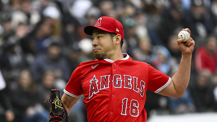 Mar 27, 2025; Chicago, Illinois, USA;  Los Angeles Angels pitcher Yusei Kikuchi (16) delivers against the Chicago White Sox during the first inning at Guaranteed Rate Field. Mandatory Credit: Matt Marton-Imagn Images