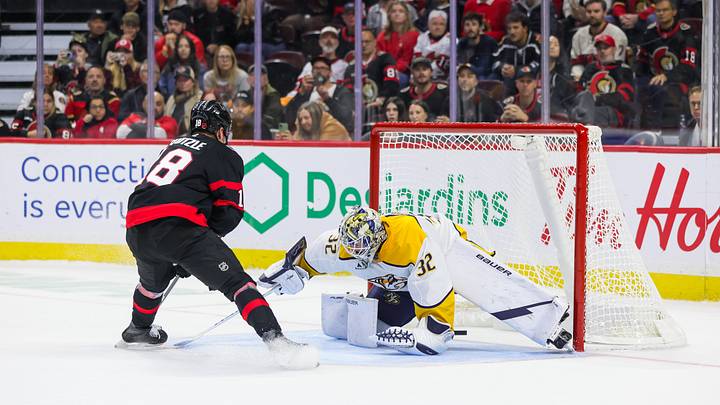 German centre Tim Stützle scoring a shootout goal on Nashville Predators goalie Matt Murray on October 10 at the Canadian Tire Centre. German centre Tim Stützle scoring a shootout goal on Nashville Predators goalie Matt Murray on October 10 at the Canadian Tire Centre.