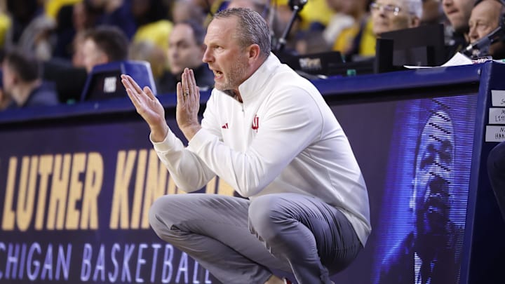 Jan 20, 2026; Ann Arbor, Michigan, USA;  Indiana Hoosiers head coach Darian Devries looks on in the first half against the Michigan Wolverines at Crisler Center. Mandatory Credit: Rick Osentoski-Imagn Images