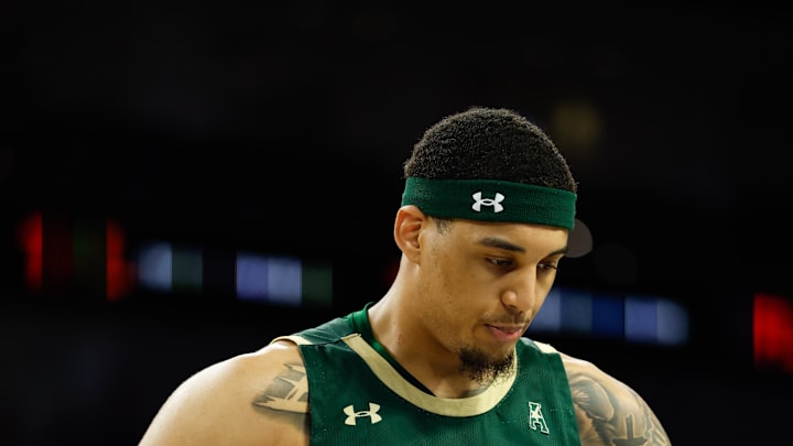 Mar 16, 2025; Fort Worth, TX, USA;  UAB Blazers forward Yaxel Lendeborg (3) reacts against the Memphis Tigers during the second half at Dickies Arena. Mandatory Credit: Chris Jones-Imagn Images