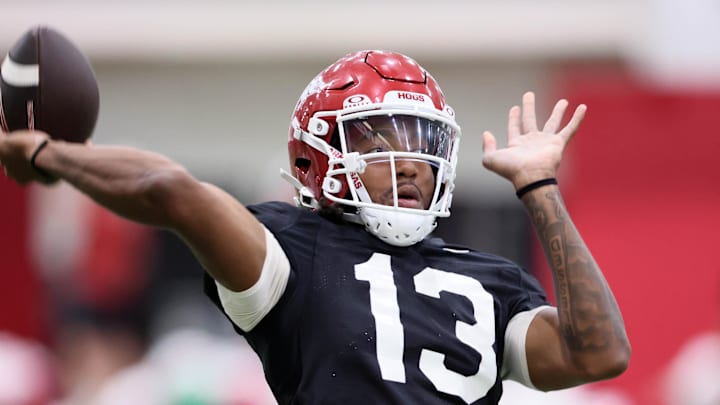 Aug 14, 2025; Fayetteville, AR, USA; Arkansas Razorbacks quarterback Trever Jackson (13) passes during practice. Mandatory Credit: Nelson Chenault-Imagn Images Aug 14, 2025; Fayetteville, AR, USA; Arkansas Razorbacks quarterback Trever Jackson (13) passes during practice. Mandatory Credit: Nelson Chenault-Imagn Images