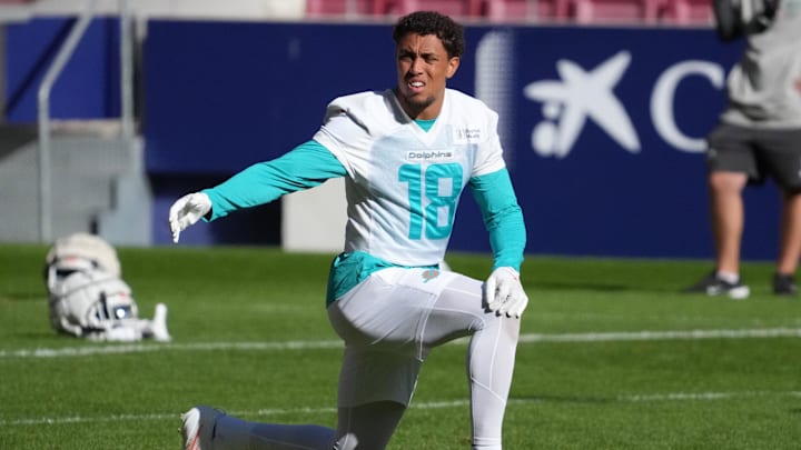 Miami Dolphins wide receiver Nick Westbrook-Ikhine (18) during practice at Estadio Riyadh Air Metropolitano.