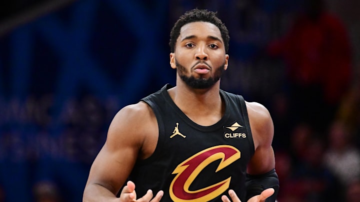 Nov 21, 2025; Cleveland, Ohio, USA; Cleveland Cavaliers guard Donovan Mitchell (45) celebrates after hitting a three point basket against the Indiana Pacers during the second half at Rocket Arena. Mandatory Credit: Ken Blaze-Imagn Images