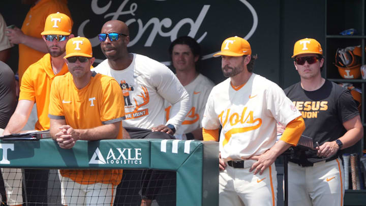 Tennessee baseball coach Tony Vitello during the NCAA college baseball game against Kentucky on April 20, 2025, in Knoxville, Tenn. Tennessee baseball coach Tony Vitello during the NCAA college baseball game against Kentucky on April 20, 2025, in Knoxville, Tenn.