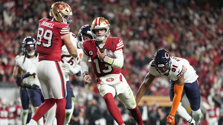 Dec 28, 2025; Santa Clara, California, USA; San Francisco 49ers quarterback Brock Purdy (13) runs to score a touchdown against the Chicago Bears in the first half at Levi's Stadium. Mandatory Credit: Kyle Terada-Imagn Images
