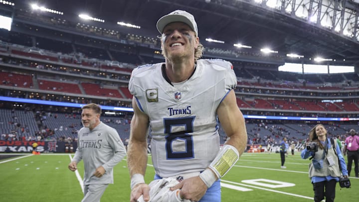 Nov 24, 2024; Houston, Texas, USA; Tennessee Titans quarterback Will Levis (8) jogs off the field after the game against the Houston Texans at NRG Stadium. Mandatory Credit: Troy Taormina-Imagn Images Nov 24, 2024; Houston, Texas, USA; Tennessee Titans quarterback Will Levis (8) jogs off the field after the game against the Houston Texans at NRG Stadium. Mandatory Credit: Troy Taormina-Imagn Images