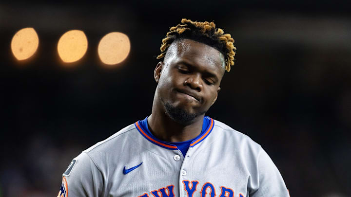 May 5, 2025; Phoenix, Arizona, USA; New York Mets pitcher Huascar Brazoban reacts against the Arizona Diamondbacks at Chase Field. Mandatory Credit: Mark J. Rebilas-Imagn Images