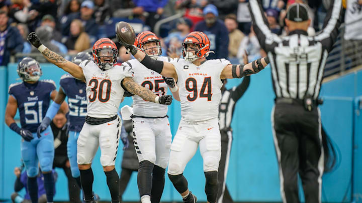 Cincinnati Bengals defensive end Sam Hubbard (94) celebrates his touchdown during the second quarter at Nissan Stadium in Nashville, Tenn., Sunday, Dec. 15, 2024. Cincinnati Bengals defensive end Sam Hubbard (94) celebrates his touchdown during the second quarter at Nissan Stadium in Nashville, Tenn., Sunday, Dec. 15, 2024.