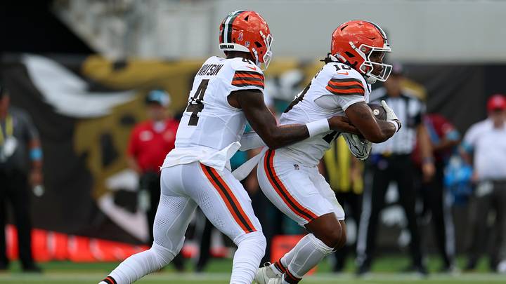 Sep 13, 2026; Jacksonville, Florida, USA; Cleveland Browns quarterback Deshaun Watson (4) hands the ball off to running back Quinshon Judkins (10) in the first quarter against the Jacksonville Jaguars at EverBank Stadium. Mandatory Credit: Nathan Ray Seebeck-Imagn Images Sep 13, 2026; Jacksonville, Florida, USA; Cleveland Browns quarterback Deshaun Watson (4) hands the ball off to running back Quinshon Judkins (10) in the first quarter against the Jacksonville Jaguars at EverBank Stadium. Mandatory Credit: Nathan Ray Seebeck-Imagn Images