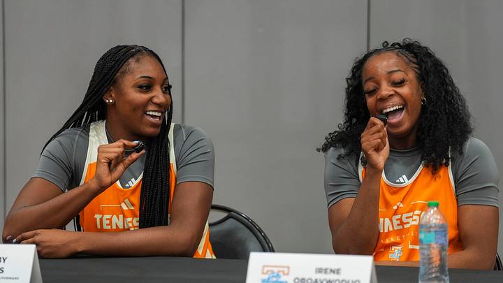 Tennessee's Gabby Minus (4) looks at Tennessee guard Irene Oboavwoduo (11) as she laughs at the Tennessee Lady Vols basketball media day at Pratt Pavilion on Oct. 22, 2026. Tennessee's Gabby Minus (4) looks at Tennessee guard Irene Oboavwoduo (11) as she laughs at the Tennessee Lady Vols basketball media day at Pratt Pavilion on Oct. 22, 2026.