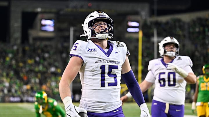 Dec 20, 2025; Eugene, OR, USA; James Madison Dukes tight end Lacota Dippre (15) celebrates after scoring a touchdown during the fourth quarter against the Oregon Ducks at Autzen Stadium. Mandatory Credit: Craig Strobeck-Imagn Images Dec 20, 2025; Eugene, OR, USA; James Madison Dukes tight end Lacota Dippre (15) celebrates after scoring a touchdown during the fourth quarter against the Oregon Ducks at Autzen Stadium. Mandatory Credit: Craig Strobeck-Imagn Images