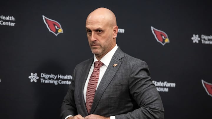 Feb 3, 2026; Tempe, AZ, USA; Arizona Cardinals general manager Monti Ossenfort at a press conference at the Cardinals training facility. Mandatory Credit: Mark J. Rebilas-Imagn Images
