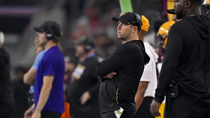 Dec 7, 2024; Arlington, TX, USA; Arizona State Sun Devils head coach Kenny Dillingham during the game between the Iowa State Cyclones and the Arizona State Sun Devils at AT&T Stadium. Mandatory Credit: Jerome Miron-Imagn Images