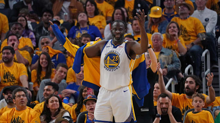 May 10, 2025; San Francisco, California, USA; Golden State Warriors forward Draymond Green (23) reacts after his sixth foul against the Minnesota Timberwolves in the fourth quarter during game three in the second round for the 2025 NBA Playoffs at Chase Center. Mandatory Credit: David Gonzales-Imagn Images