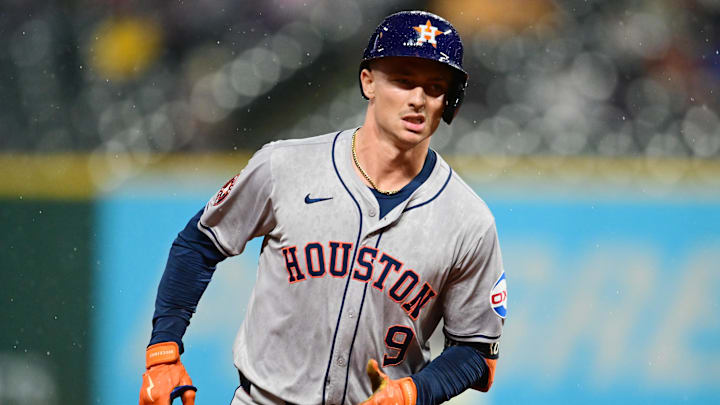 Sep 27, 2024; Cleveland, Ohio, USA; Houston Astros designated hitter Zach Dezenzo (9) rounds the bases after hitting a home run during the fifth inning against the Cleveland Guardians at Progressive Field. 