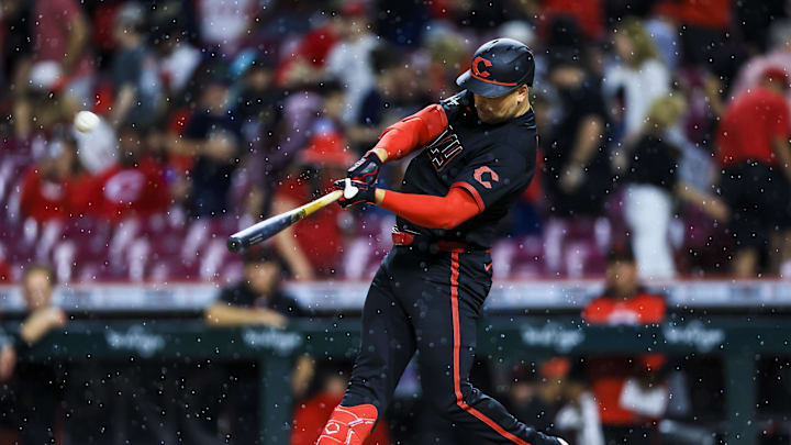 Apr 24, 2026; Cincinnati, Ohio, USA; Cincinnati Reds designated hitter Nathaniel Lowe (31) hits a solo home run in the sixth inning against the Detroit Tigers at Great American Ball Park. Mandatory Credit: Katie Stratman-Imagn Images