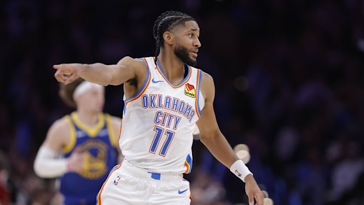 Mar 7, 2026; Oklahoma City, Oklahoma, USA; Oklahoma City Thunder guard Isaiah Joe (11) runs down the court after scoring against the Golden State Warriors during the second half at Paycom Center. Mandatory Credit: Alonzo Adams-Imagn Images