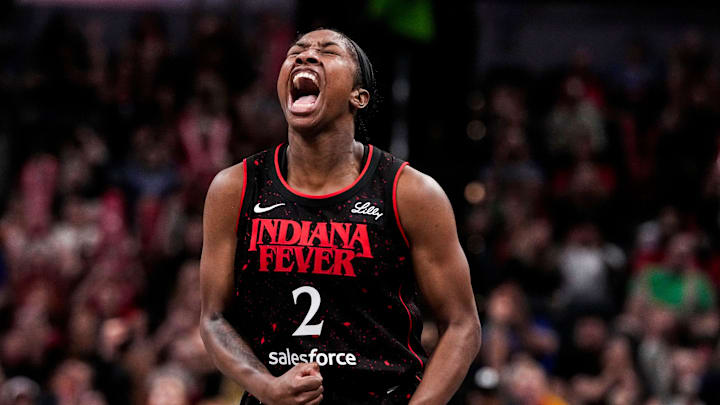 Indiana Fever guard Aari McDonald (2) yells in excitement Wednesday, July 30, 2025, during the game at Gainbridge Fieldhouse in Indianapolis.