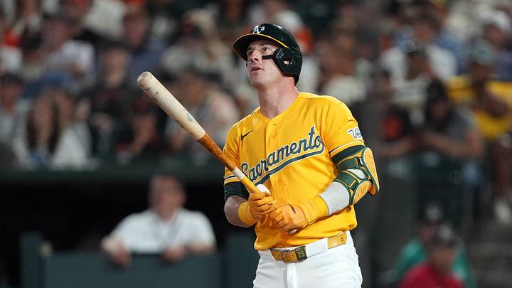 May 16, 2026; West Sacramento, California, USA; Athletics designated hitter Brent Rooker (25) watches the flight of his home run against the San Francisco Giants during the eighth inning at Sutter Health Park. Mandatory Credit: Darren Yamashita-Imagn Images May 16, 2026; West Sacramento, California, USA; Athletics designated hitter Brent Rooker (25) watches the flight of his home run against the San Francisco Giants during the eighth inning at Sutter Health Park. Mandatory Credit: Darren Yamashita-Imagn Images