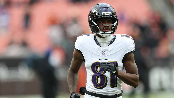 Nov 16, 2025; Cleveland, Ohio, USA; Baltimore Ravens wide receiver Devontez Walker (81) warms up before a game against the Cleveland Browns at Huntington Bank Field. Mandatory Credit: Scott Galvin-Imagn Images