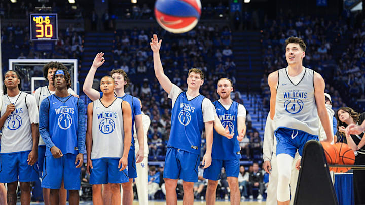 Kentucky Wildcats forward Andrija Jelavic (4) during the three-point contest at the 2025 Big Blue Madness at Rupp Arena in Lexington, Kentucky Saturday, Oct. 11, 2025. Kentucky Wildcats forward Andrija Jelavic (4) during the three-point contest at the 2025 Big Blue Madness at Rupp Arena in Lexington, Kentucky Saturday, Oct. 11, 2025.