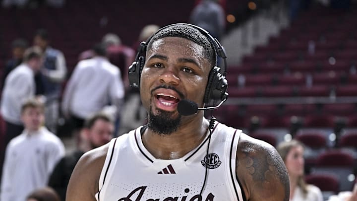 Jan 21, 2026; College Station, Texas, USA; Texas A&M Aggies forward Rashaun Agee (12) speaks during a post game interview after the win over Mississippi State Bulldogs at Reed Arena. Mandatory Credit: Maria Lysaker-Imagn Images 