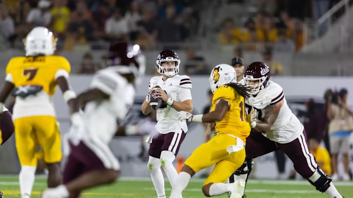 Sep 7, 2024; Tempe, Arizona, USA; Mississippi State Bulldogs quarterback Blake Shapen (2) against the Arizona State Sun Devils at Mountain America Stadium. Mandatory Credit: Mark J. Rebilas-Imagn Images Sep 7, 2024; Tempe, Arizona, USA; Mississippi State Bulldogs quarterback Blake Shapen (2) against the Arizona State Sun Devils at Mountain America Stadium. Mandatory Credit: Mark J. Rebilas-Imagn Images
