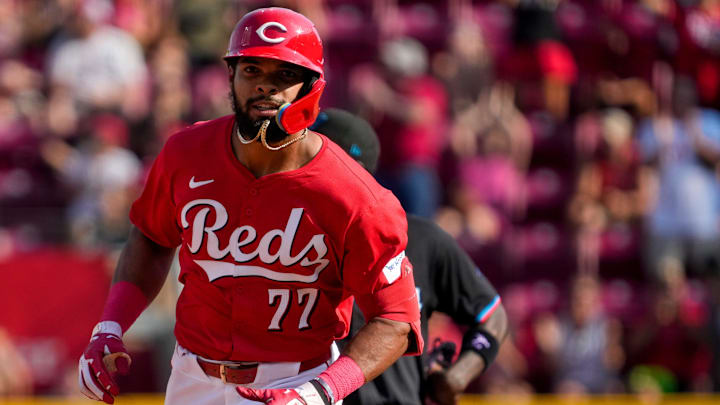 Cincinnati Reds right fielder Rece Hinds (77) rounds second base after hitting his second home run of the game in the sixth inning of the MLB National League game between the Cincinnati Reds and the Miami Marlins at Great American Ball Park in downtown Cincinnati on Saturday, July 13, 2024. The Reds led 1-0 after two innings. The Reds won 10-6. Cincinnati Reds right fielder Rece Hinds (77) rounds second base after hitting his second home run of the game in the sixth inning of the MLB National League game between the Cincinnati Reds and the Miami Marlins at Great American Ball Park in downtown Cincinnati on Saturday, July 13, 2024. The Reds led 1-0 after two innings. The Reds won 10-6.