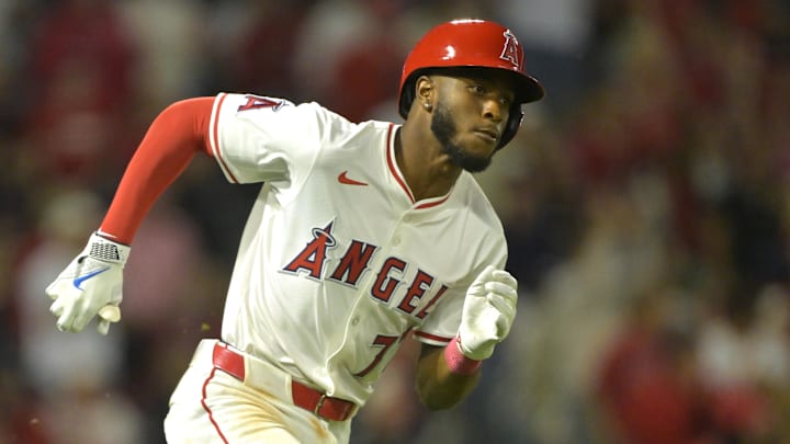 Los Angeles Angels shortstop Tim Anderson (77) runs against the Cleveland Guardians at Angel Stadium. Los Angeles Angels shortstop Tim Anderson (77) runs against the Cleveland Guardians at Angel Stadium.