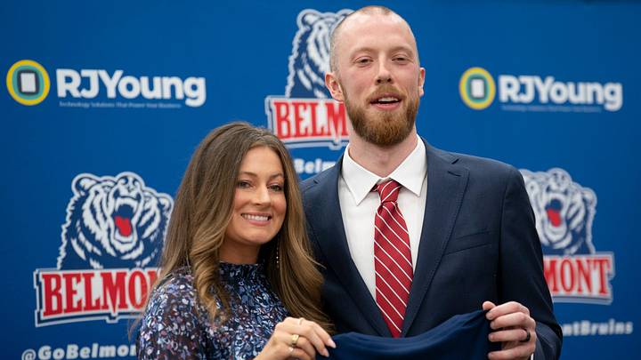 Belmont University’s new men’s basketball coach Evan Bradds stands for pictures with his wife of nearly five years, MacKenzie Bradds, and his New Jersey at Belmont University Wednesday, April 1, 2026. Belmont University’s new men’s basketball coach Evan Bradds stands for pictures with his wife of nearly five years, MacKenzie Bradds, and his New Jersey at Belmont University Wednesday, April 1, 2026.